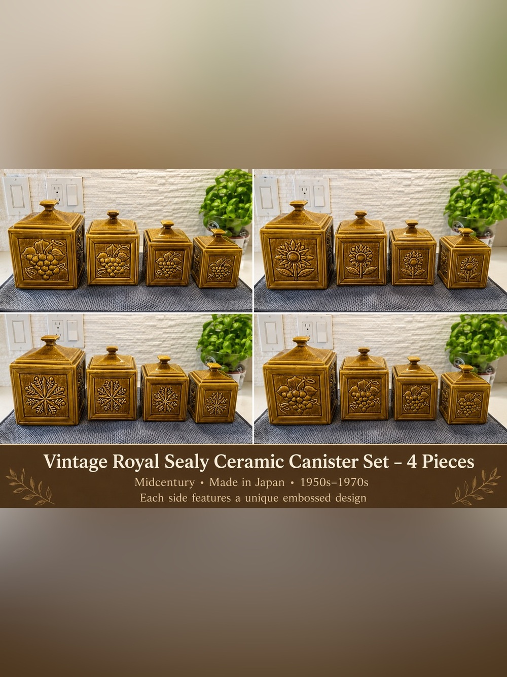 Vintage Royal Sealy Japan 4-Piece Ceramic Canister Set Mustard Gold MCM Kitchen
